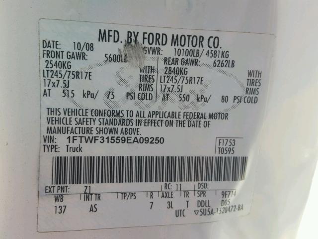 1FTWF31559EA09250 - 2009 FORD F350 SUPER WHITE photo 10