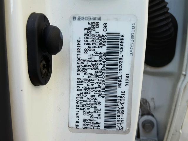 4T1BF32KX3U044586 - 2003 TOYOTA CAMRY LE WHITE photo 10