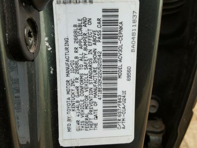 4T1BE32K22U520542 - 2002 TOYOTA CAMRY LE GREEN photo 10