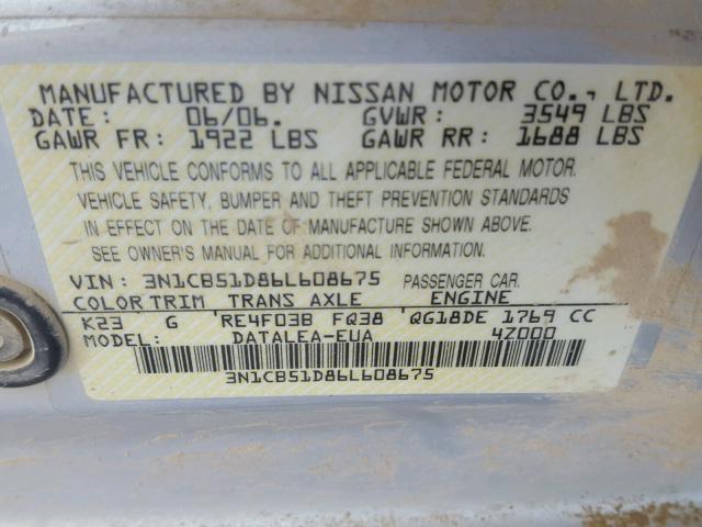 3N1CB51D86L608675 - 2006 NISSAN SENTRA 1.8 SILVER photo 10