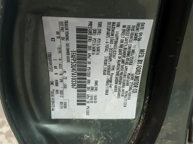 1FAFP53U47A103367 - 2007 FORD TAURUS SE GREEN photo 10