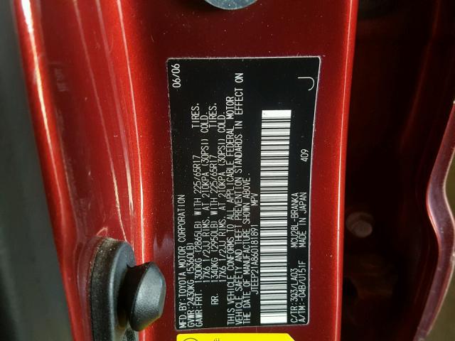 JTEEP21A860181891 - 2006 TOYOTA HIGHLANDER RED photo 10