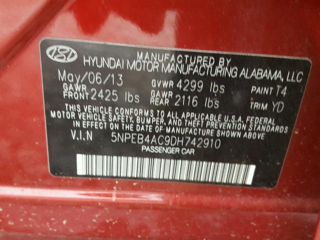 5NPEB4AC9DH742910 - 2013 HYUNDAI SONATA GLS RED photo 10