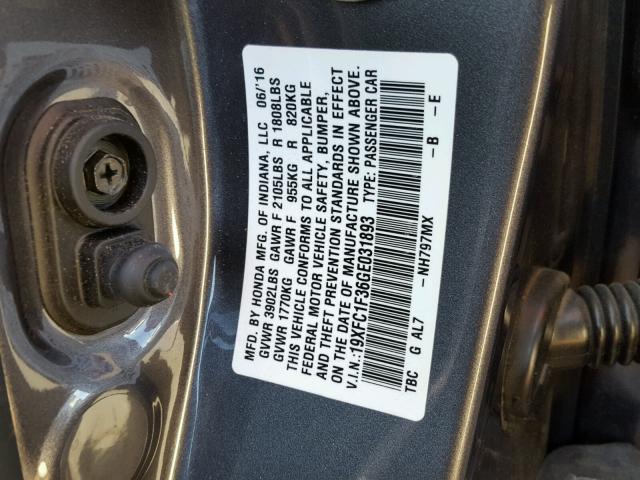 19XFC1F36GE031893 - 2016 HONDA CIVIC EX ნაცრისფერი ფოტო 10