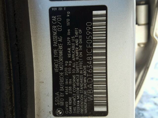 WBADT63481CF05990 - 2001 BMW 530 I AUTO SILVER photo 10