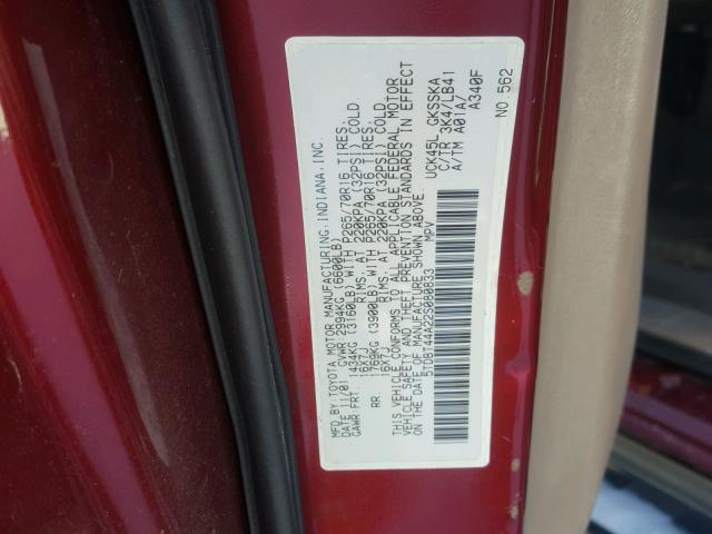 5TDBT44A22S080833 - 2002 TOYOTA SEQUOIA SR RED photo 10