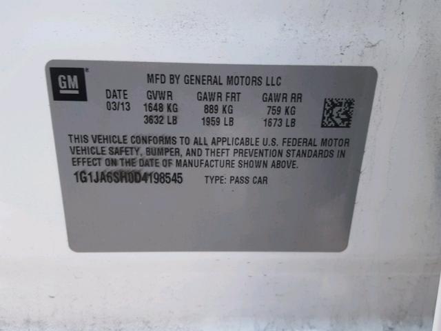 1G1JA6SH0D4198545 - 2013 CHEVROLET SONIC LS 白色 照片 10