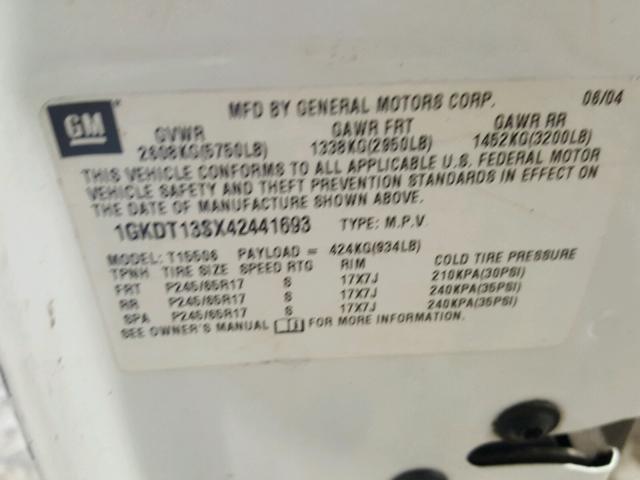 1GKDT13SX42441693 - 2004 GMC ENVOY WHITE photo 10