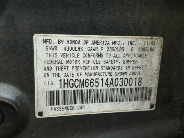 1HGCM66514A030018 - 2004 HONDA ACCORD EX GREEN photo 10