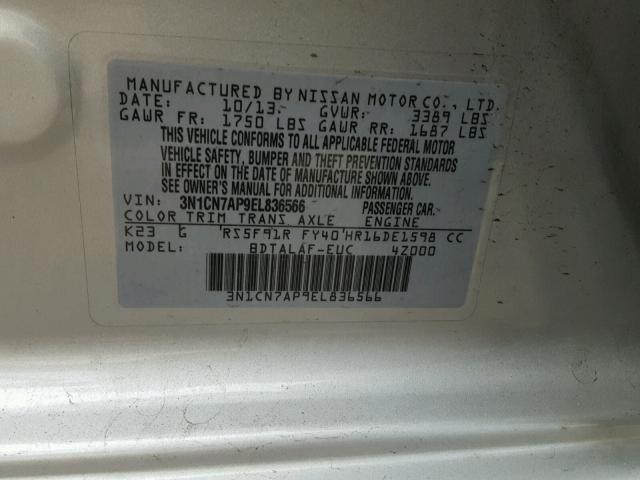 3N1CN7AP9EL836566 - 2014 NISSAN VERSA S SILVER photo 10