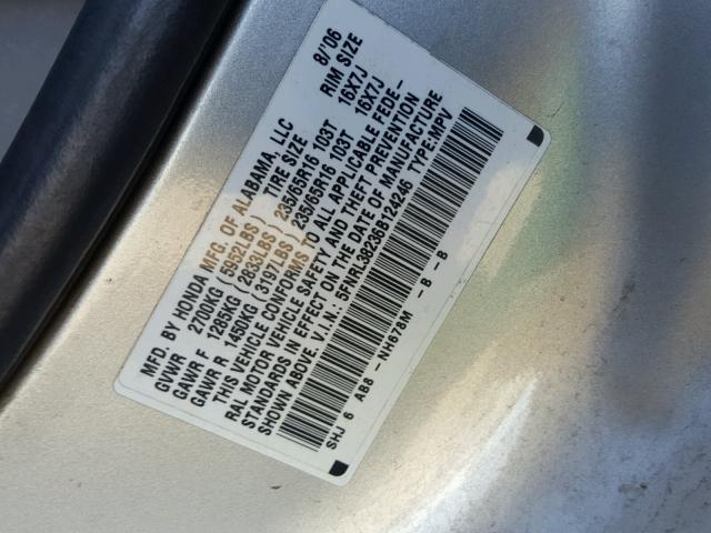 5FNRL38236B124246 - 2006 HONDA ODYSSEY LX GRAY photo 10