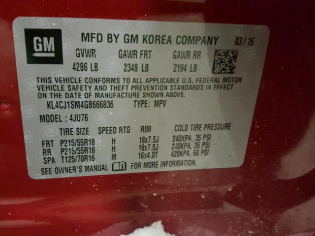 KL4CJ1SM4GB666836 - 2016 BUICK ENCORE SPO RED photo 10