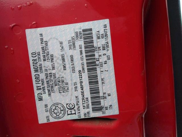 1FTZR45E48PB12229 - 2008 FORD RANGER SUP RED photo 10