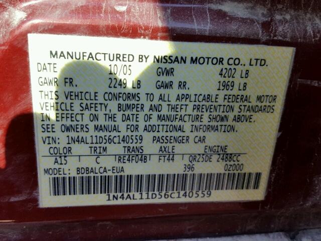 1N4AL11D56C140559 - 2006 NISSAN ALTIMA S RED photo 10