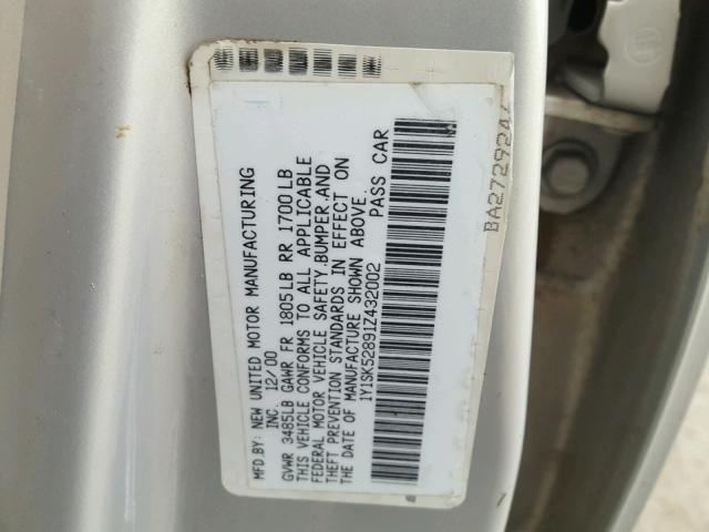 1Y1SK52891Z432002 - 2001 CHEVROLET GEO PRIZM 银色 照片 10