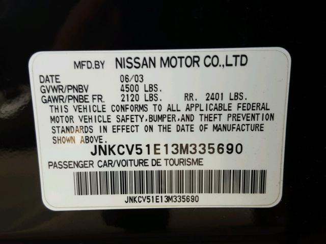 JNKCV51E13M335690 - 2003 INFINITI G35 BLACK photo 10