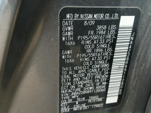 JN8AZ28R89T128060 - 2009 NISSAN CUBE BASE GRAY photo 10