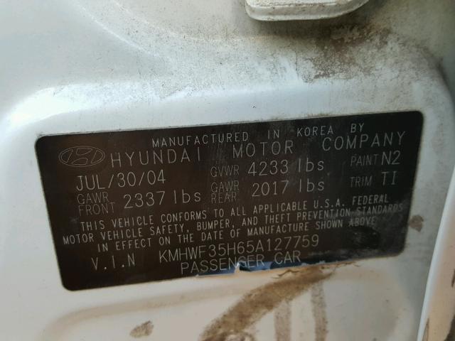 KMHWF35H65A127759 - 2005 HYUNDAI SONATA GLS WHITE photo 10