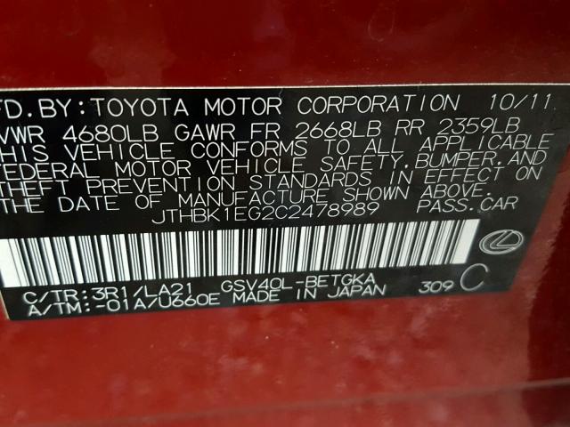 JTHBK1EG2C2478989 - 2012 LEXUS ES 350 RED photo 10