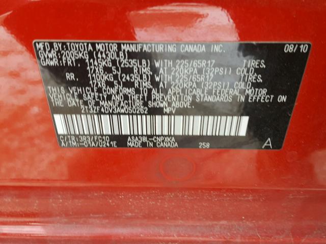 2T3ZF4DV3AW050262 - 2010 TOYOTA RAV4 RED photo 10