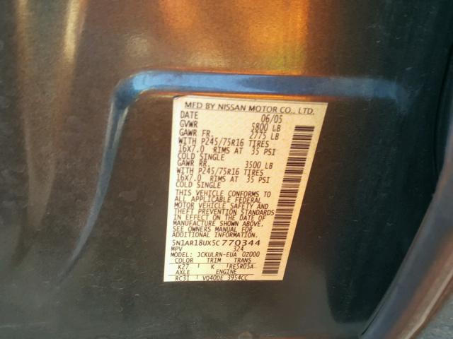 5N1AR18UX5C770344 - 2005 NISSAN PATHFINDER GRAY photo 10