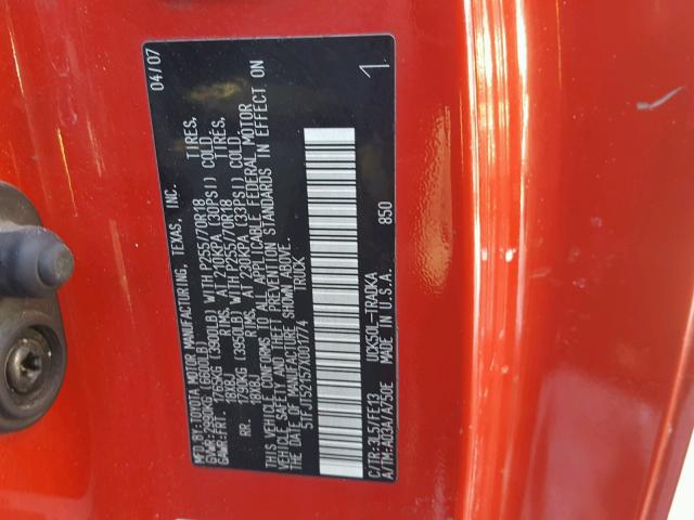 5TFJT52157X001774 - 2007 TOYOTA TUNDRA RED photo 10