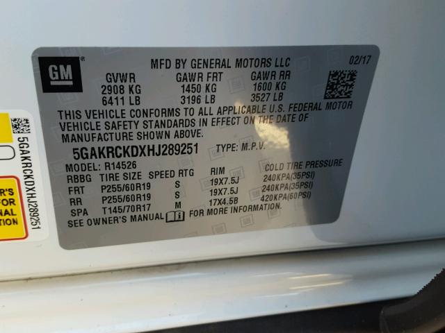 5GAKRCKDXHJ289251 - 2017 BUICK ENCLAVE WHITE photo 10