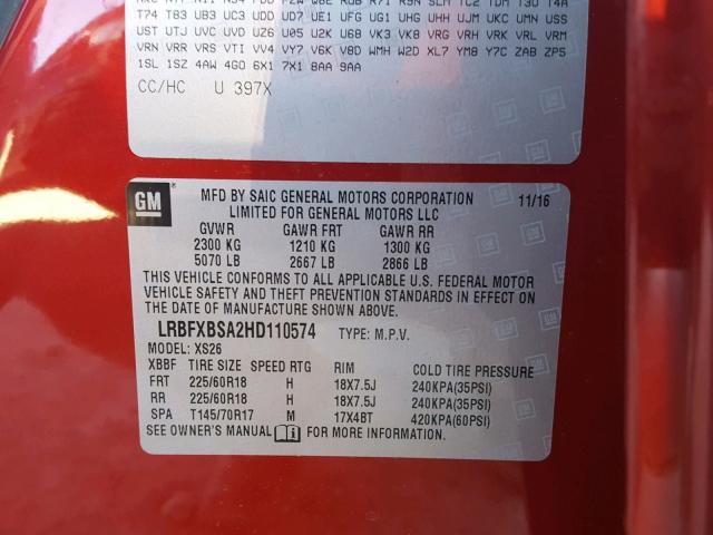 LRBFXBSA2HD110574 - 2017 BUICK ENVISION E RED photo 10