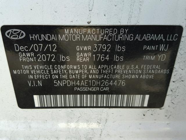 5NPDH4AE1DH264476 - 2013 HYUNDAI ELANTRA GL WHITE photo 10