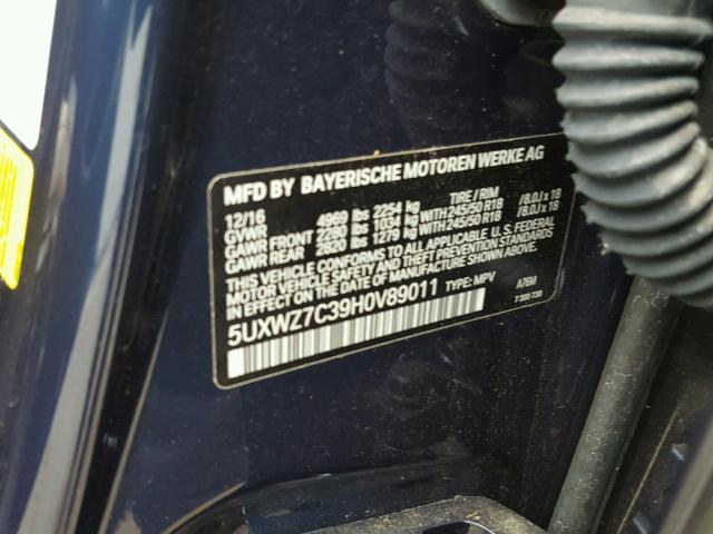 5UXWZ7C39H0V89011 - 2017 BMW X3 SDRIVE2 BLUE photo 10