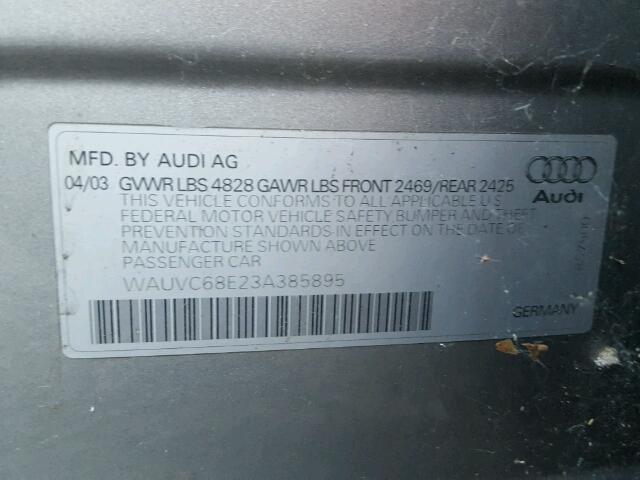 WAUVC68E23A385895 - 2003 AUDI A4 1.8T AV CHARCOAL photo 10