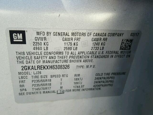 2GKALREKXH6308326 - 2017 GMC TERRAIN DE SILVER photo 10