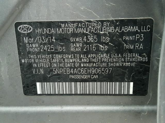 5NPEB4AC6EH906597 - 2014 HYUNDAI SONATA GLS GRAY photo 10