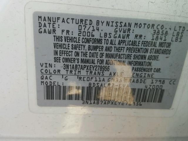 3N1AB7APXEY278956 - 2014 NISSAN SENTRA S WHITE photo 10