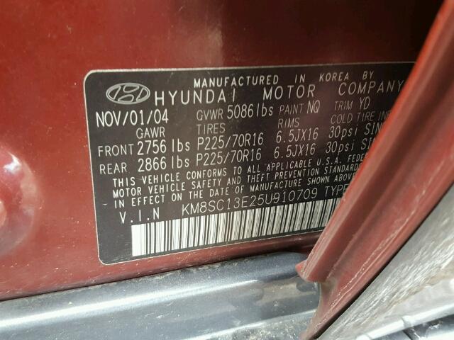 KM8SC13E25U910709 - 2005 HYUNDAI SANTA FE G MAROON photo 10