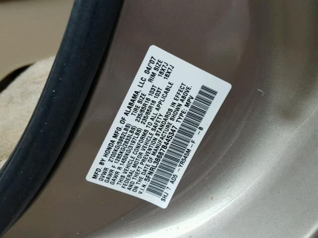 5FNRL38687B445347 - 2007 HONDA ODYSSEY EX GOLD photo 10