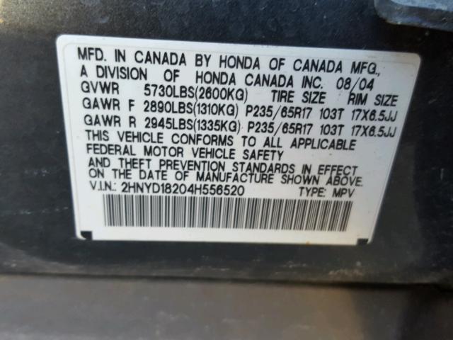 2HNYD18204H556520 - 2004 ACURA MDX BLUE photo 10