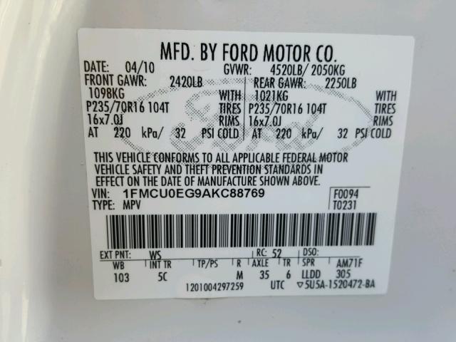 1FMCU0EG9AKC88769 - 2010 FORD ESCAPE LIM WHITE photo 10