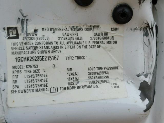 1GCHK29235E215167 - 2005 CHEVROLET SILVERADO WHITE photo 10