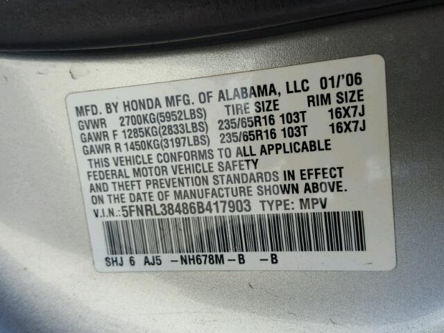 5FNRL38486B417903 - 2006 HONDA ODYSSEY EX SILVER photo 10