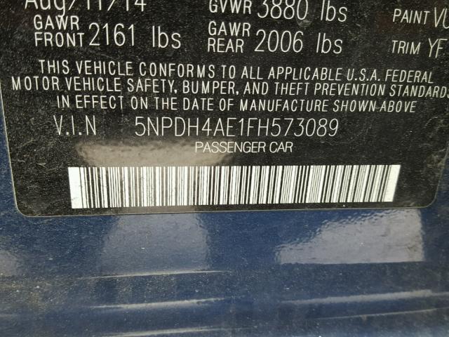 5NPDH4AE1FH573089 - 2015 HYUNDAI ELANTRA SE BLUE photo 10