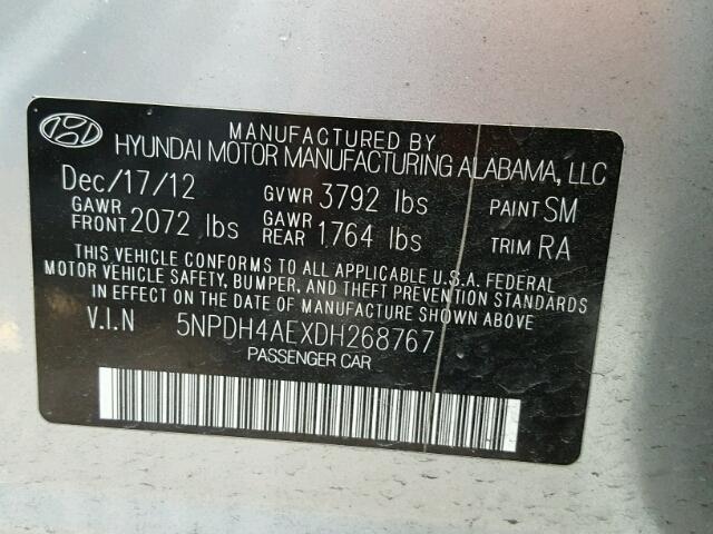 5NPDH4AEXDH268767 - 2013 HYUNDAI ELANTRA GL SILVER photo 10