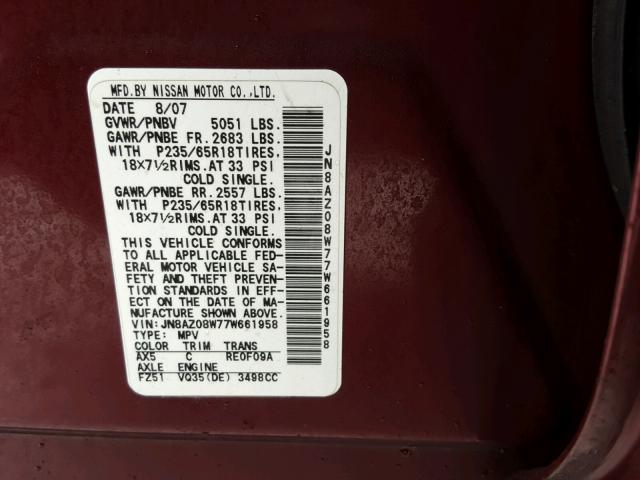 JN8AZ08W77W661958 - 2007 NISSAN MURANO SL MAROON photo 10