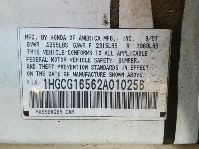 1HGCG16562A010256 - 2002 HONDA ACCORD EX WHITE photo 10