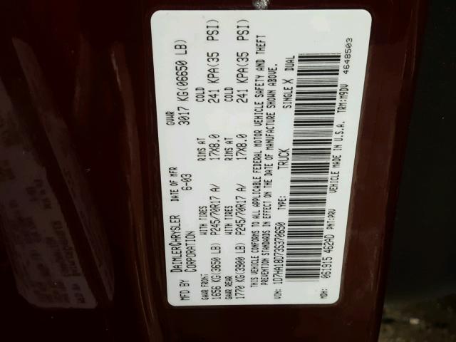 1D7HA18D73S370650 - 2003 DODGE RAM 1500 S MAROON photo 10