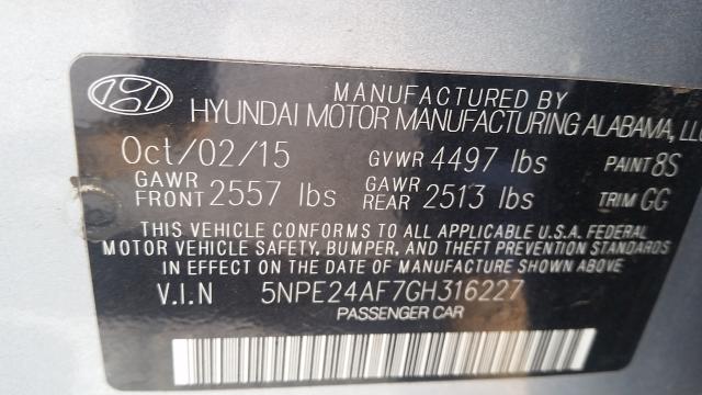 5NPE24AF7GH316227 - 2016 HYUNDAI SONATA SE GRAY photo 10