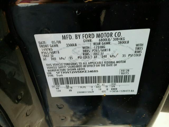 1FTRW12W58KE34685 - 2008 FORD F150 SUPER BLACK photo 10