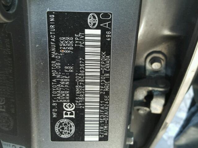 2T1BR32E78C863677 - 2008 TOYOTA COROLLA CE GRAY photo 10