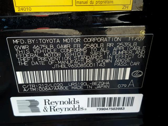 JTHBL96S085001143 - 2008 LEXUS GS 460 Черный фото 10