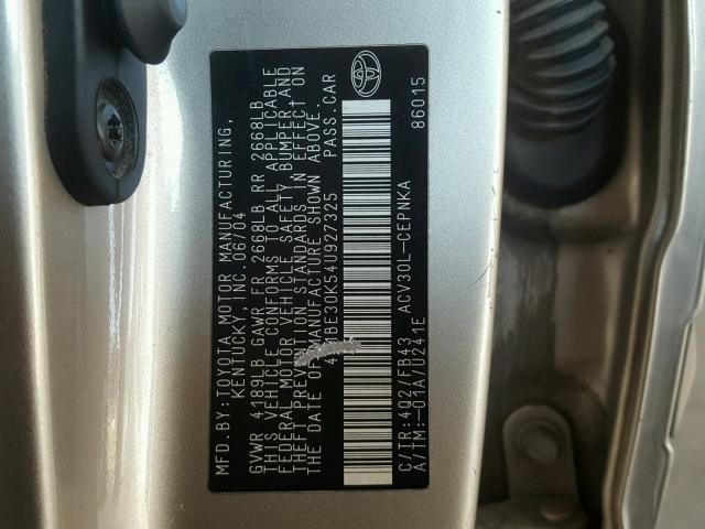 4T1BE30K54U927325 - 2004 TOYOTA CAMRY LE TAN photo 10